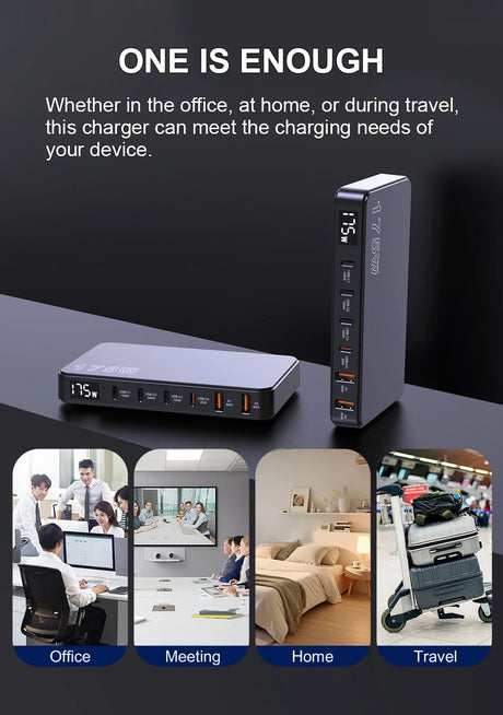 Multi-port USB charging device with digital display for various environments.