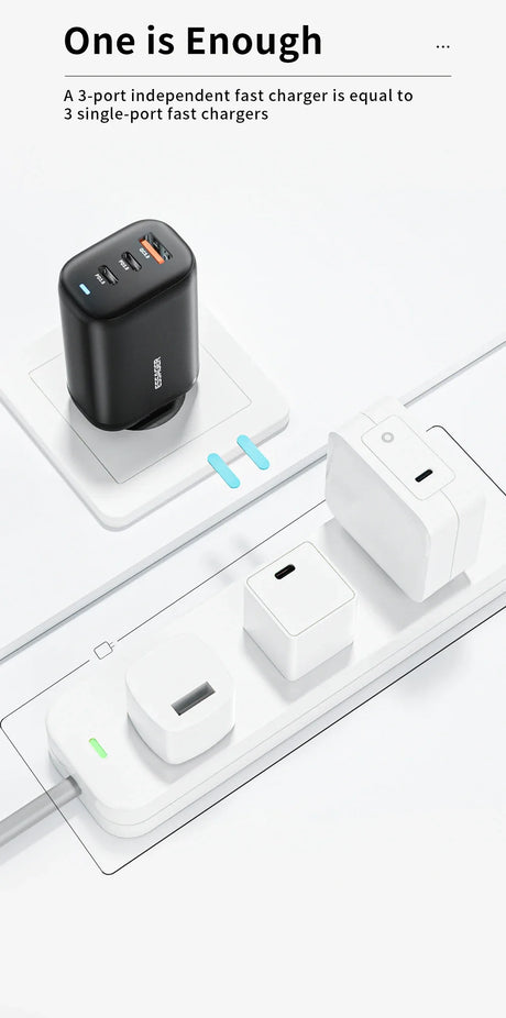 Multi-port USB fast charger with multiple charging outputs.