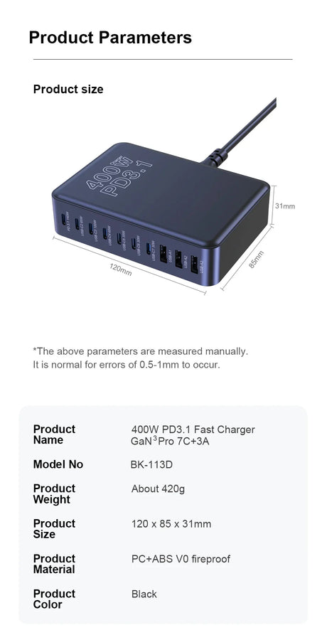 Multi-port USB charging hub with 10 ports and a black rectangular design.