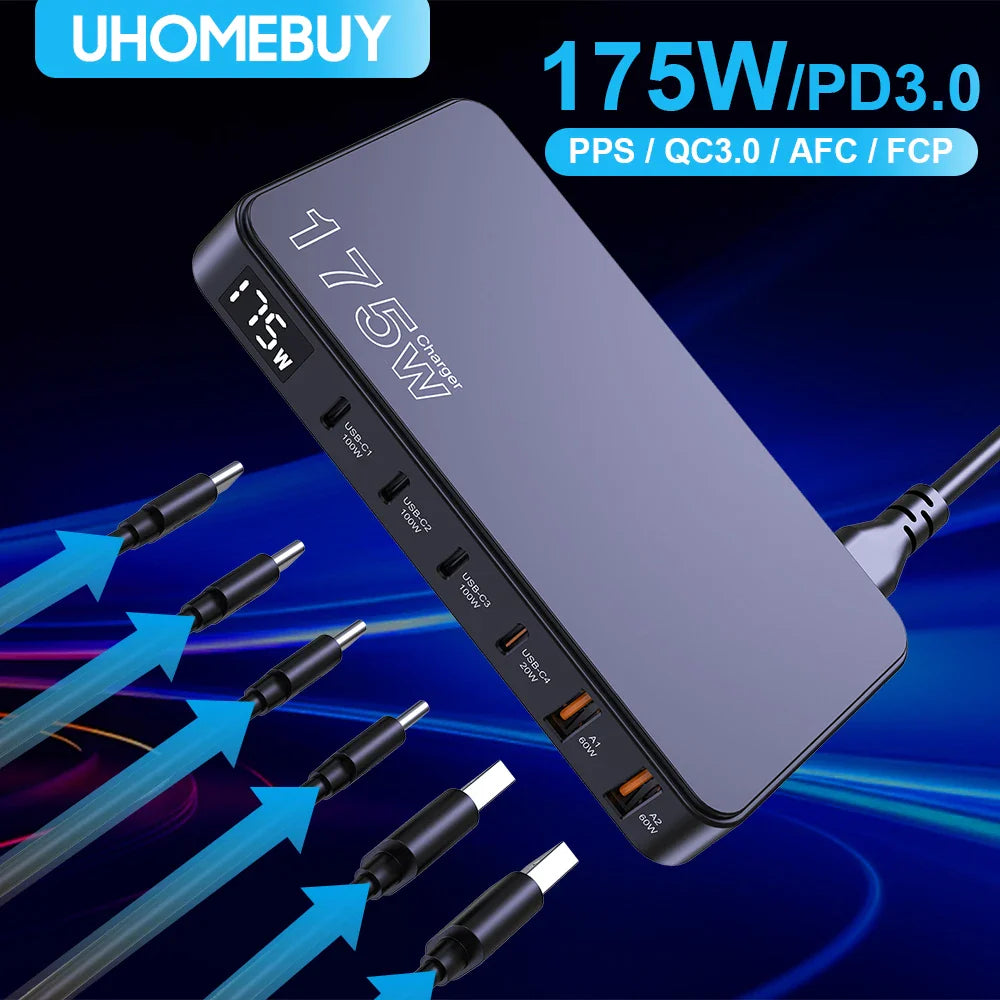 Multi-port USB charging hub with 175W power delivery capability.
