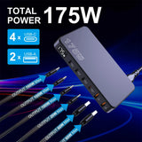 Multi-port USB charging hub with 175W total power output, featuring 4 USB-C and 2 USB-A ports.