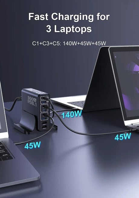 Multi-port USB charging hub capable of fast-charging three laptops simultaneously.