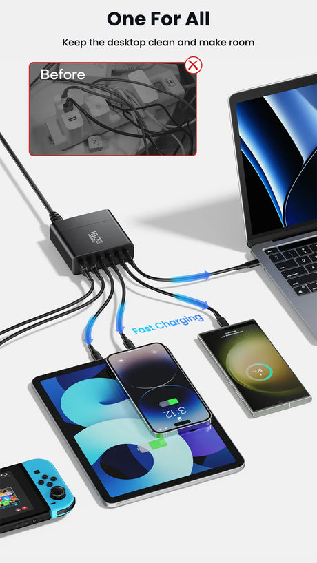 Multi-port USB charging hub connected to various electronic devices.