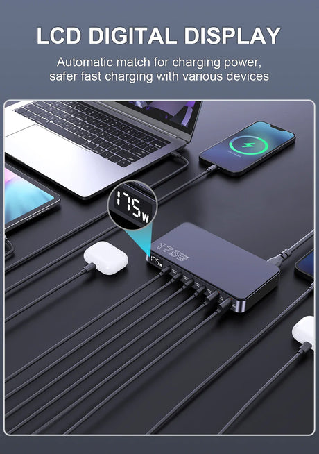 Multi-port USB charging hub with an LCD display showing power output.