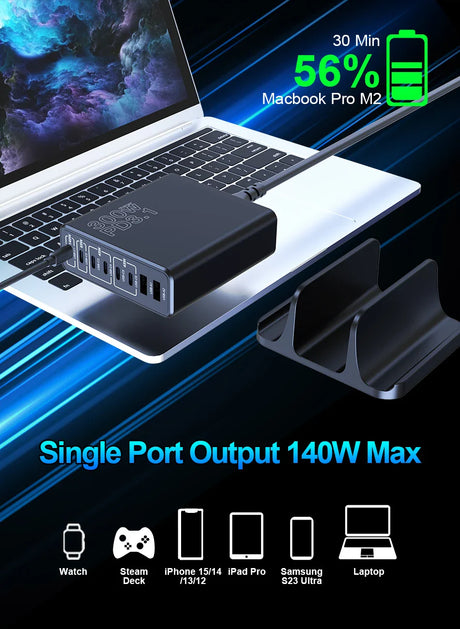 Multi-port USB charging hub sitting on a MacBook Pro keyboard.