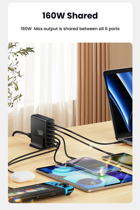 Multi-port USB charging station with 160W shared output across 6 ports, connected to various electronic devices.