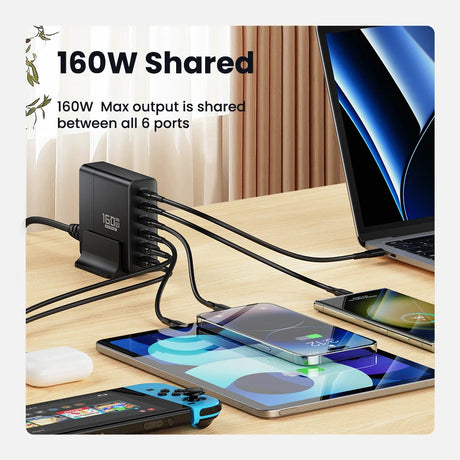 Multi-port USB charging station with 160W shared output across 6 ports.