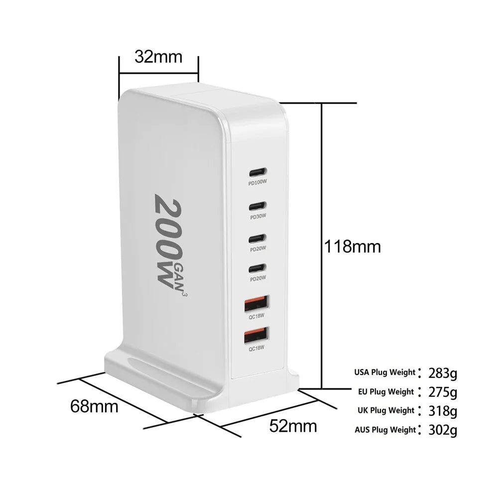 Multi-port USB charging station with 200W power output capability.
