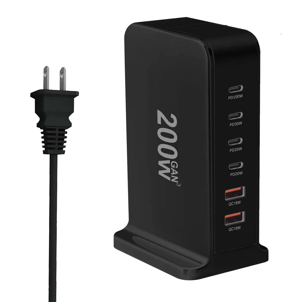 Multi-port USB charging station with 200W power output and an attached power cord.