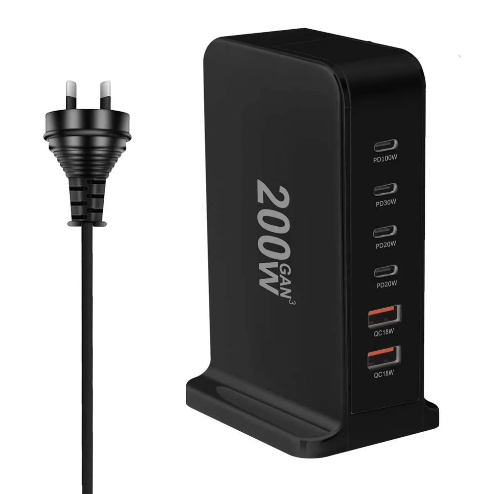 Multi-port USB charging station with 200W power output capability.