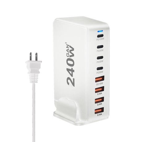 Multi-port USB charging station with ’240 GAN’ branding and various power output options.