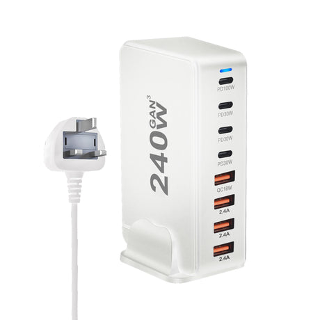 Multi-port USB charging station with ’240 GAN’ branding and various power output options.