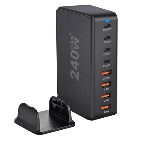 Multi-port USB charging station with 240W power output and various charging options.