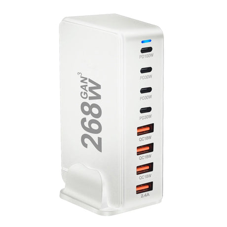 Multi-port USB charging station with 268W power output capability.