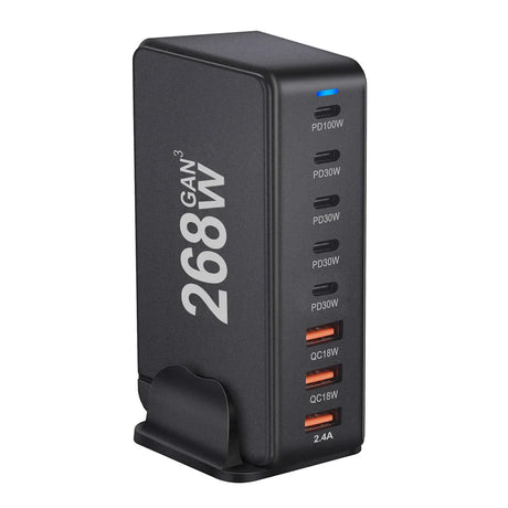 Multi-port USB charging station with 268W power output capability.