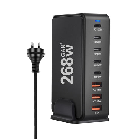 Multi-port USB charging station with 268W power output and various USB ports labeled for different wattages.