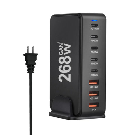 Multi-port USB charging station with 268W power output capability.