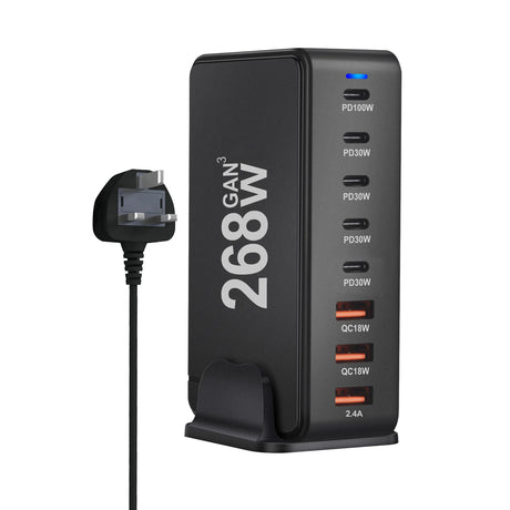 Multi-port USB charging station with 268W power output and various charging options.