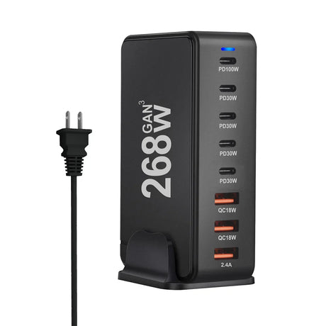 Multi-port USB charging station with 268W power output capability.