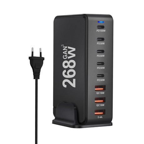 Multi-port USB charging station with ’268W’ printed on the side and various power output options.