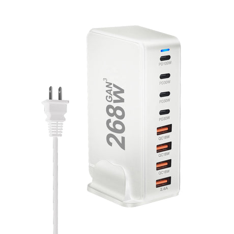 Multi-port USB charging station with ’268W’ printed on the side.