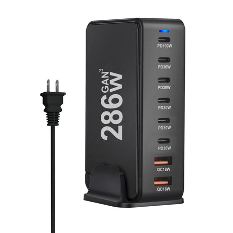 Multi-port USB charging station with ’286W GAN3’ branding and various power output options.