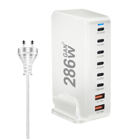 Multi-port USB charging station with ’286W’ printed on the side.