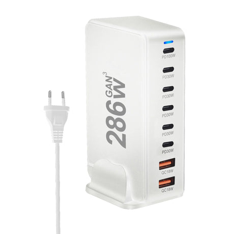 Multi-port USB charging station with ’286W’ printed on the side.