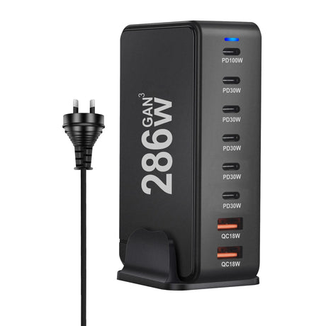 Multi-port USB charging station with ’286W’ printed on the side and various power output options.