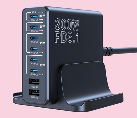 Multi-port USB charging station with ’300W PD3.1’’ labeling and a built-in device stand.