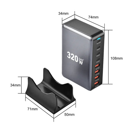 Multi-port USB charging station with 320W output capacity and accompanying stand.