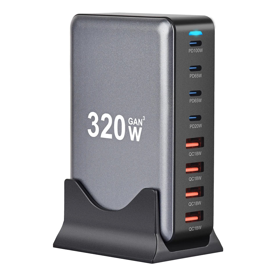 320W GaN 8-Port Fast Charging Stand - USB A / Type C Power Delivery PD Phone Charger