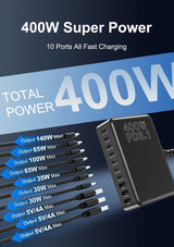 Multi-port USB charging station with 400W total power output and 10 fast-charging ports.