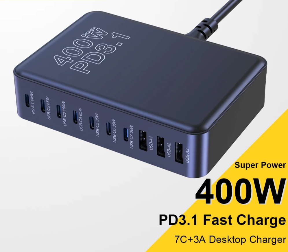 Multi-port USB charging station with 400W power output and PD3.1 fast charging capability.