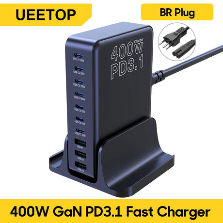 Multi-port USB charging station with 400W PD3.1 fast charging capability and a BR plug.