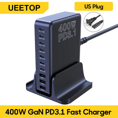 Multi-port USB charging station with 400W PD3.1 fast charging capability and US plug.