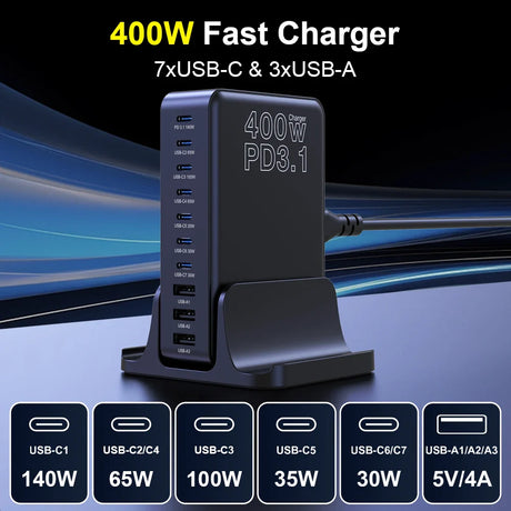 Multi-port USB charging station with 400W fast charging capability and both USB-C and USB-A ports.