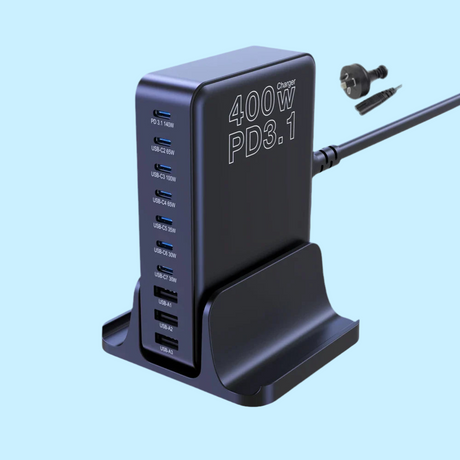 Multi-port USB charging station with ’400W PD3.1’’ displayed on its side.