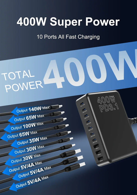 Multi-port USB charging station with 400W total power output and 10 fast-charging ports.