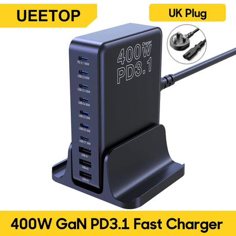 Multi-port USB charging station with 400W PD3.1 fast charging capability and UK plug.