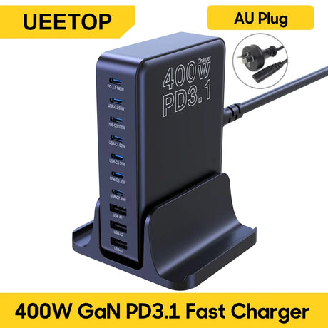 Multi-port USB charging station with 400W PD3.1 fast charging capability and an AU plug.