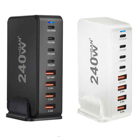 Multi-port USB charging station available in black and white models.