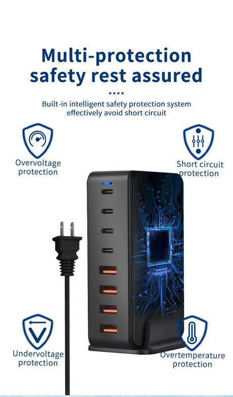 Multi-port USB charging station with built-in safety protection features.