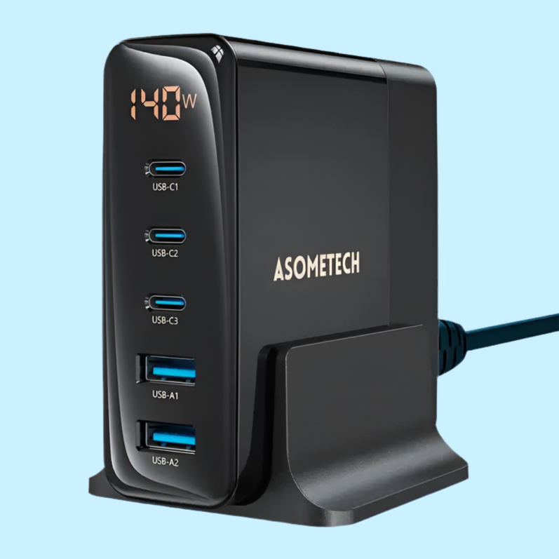 Multi-port USB charging station with digital power display.