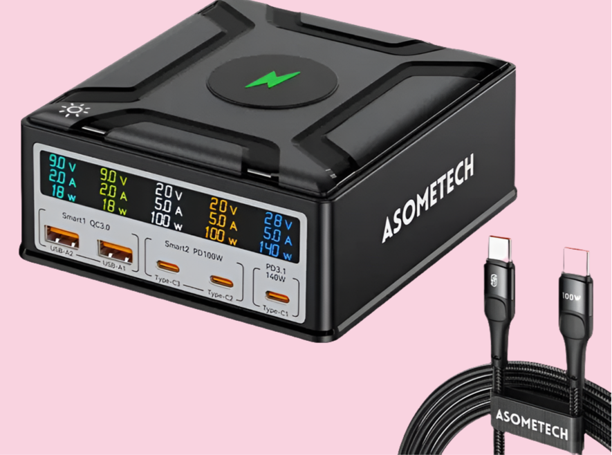 Multi-port USB charging station with digital display showing voltage and amperage outputs.