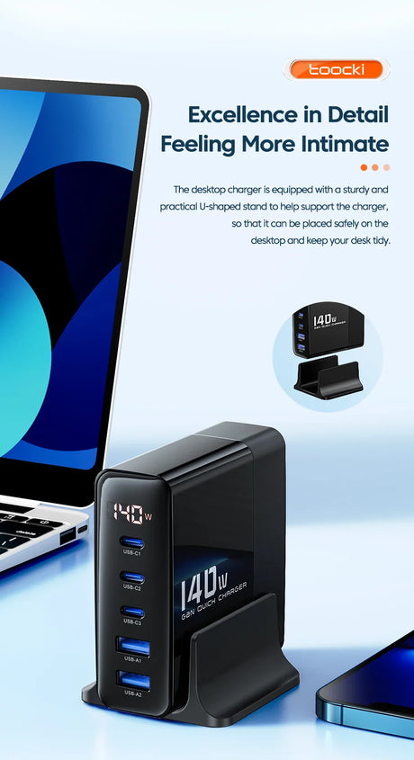 Multi-port USB charging station with a digital display showing power output.