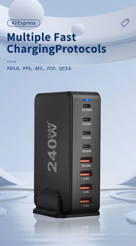 Multi-port USB charging station with fast charging capabilities and various protocols supported.