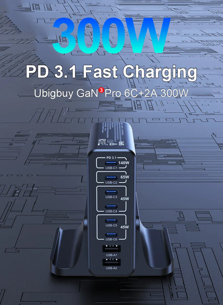 Multi-port USB charging station with PD 3.1 fast charging capability up to 300W.