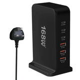 Multi-port USB charging station with ’168W’ branding and various power output options.