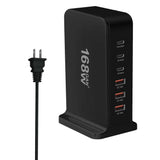 Multi-port USB charging station with ’168W’ branding and a power cord.